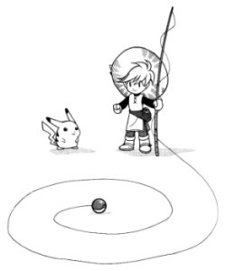 A drawing of yellow from the manga. She's standing next to red's pikachu and has her fishing rod in hand. The fishing line goes in a spiral in the ground in front of the two of them and the line ends with a pokeball in the middle.
